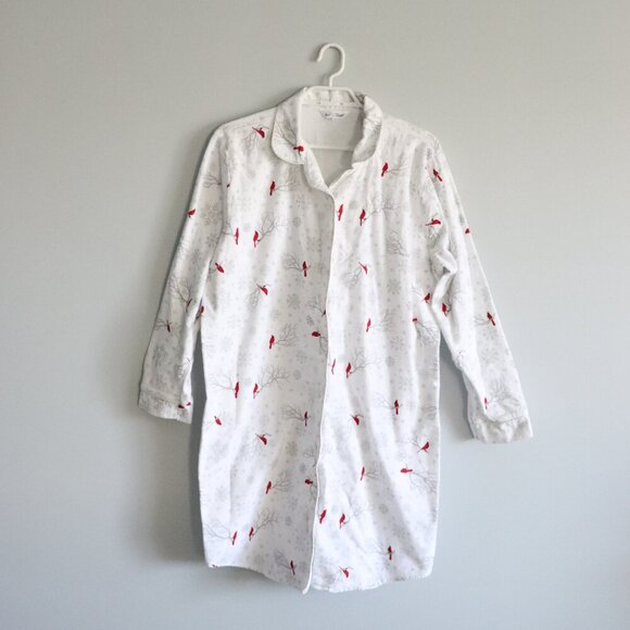 Northern Reflections Women's Sz L White Button Up Cardinal Fleece Pj Nightwear - Picture 1 of 13